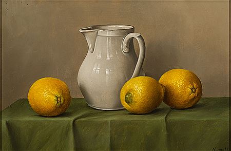 Three Lemons and White Earthenware Jug on Green Clothed Ledge