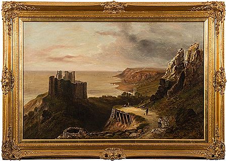 Swansea Bay, a stonebreaker and travellers on a path in the foreground