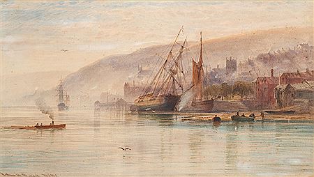 Dartmouth; ships aground for caulking, motor launch in the foreground, a town beyond by Arthur Henry Enock - Auction record, sale price, and art valuation. Compare with similar artists and explore comparable artworks.