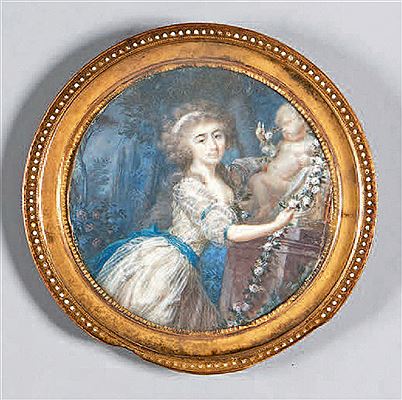 Jeune femme déposant une guirlande de roses autour d'un putto
