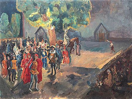Blick auf die Bühne der Breisacher Festspiele mit zahlreichen Schauspielern, im Vordergrund das Publikum