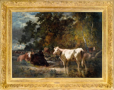 Cattle Resting and Watering in a Woodland Stream