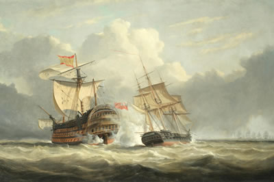 Captain Richard Bowen's 38-gun frigate Terpsichore engaging the mighty 136-gun Spanish 4-decker Santissima Trinidad on 1st March 1797, two weeks after the battle of Cape St. Vincent