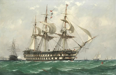 H.M.S. Nile getting underway accompanied by a salute from the flagship