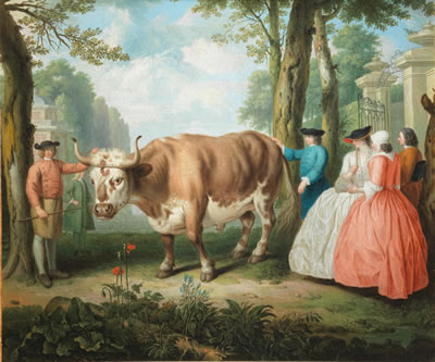 Elegant figures admiring a bull at the gates of a country house