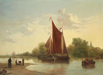 Unloading a Dutch barge at a ferry crossing