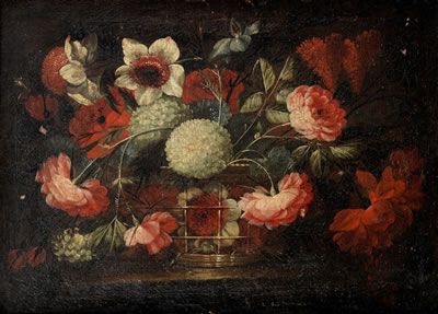 A still life of roses, poppies, chrysanthemums and other flowers in a basket on a stone ledge; and (2)