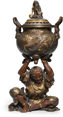 Okimono of Benkei holding aloft a Koro (incense burner) and cover