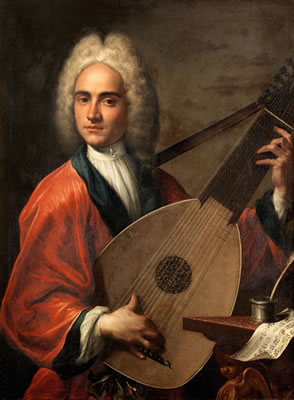 Portrait of an Arch-Lutenist with a quill pen, inkwell and sheet music on a table by his side