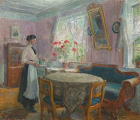 Kvinne i interiør by August Eiebakke - Auction record, sale price, and art valuation. Compare with similar artists and explore comparable artworks.