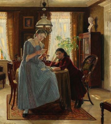 Interior with a girl and a woman reading a letter. by Holga Reinhard - Auction record, sale price, and art valuation. Compare with similar artists and explore comparable artworks.