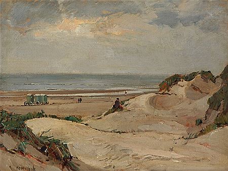 Coastal scenery with people and sheds.