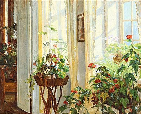 Interior with flowers and sun light trough the windows.