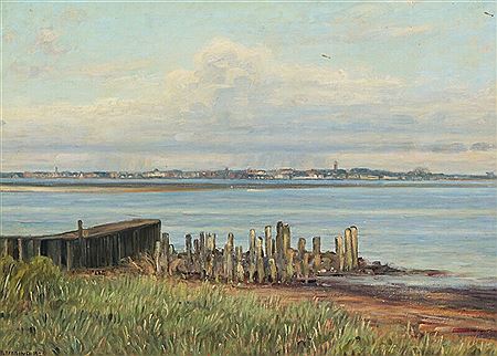 Scenery from the harbour in Nordby, Fanoe, with a view towards Esbjerg. by Stephan Ussing - Auction record, sale price, and art valuation. Compare with similar artists and explore comparable artworks.