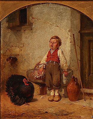 A boy is frightened by a turkey.