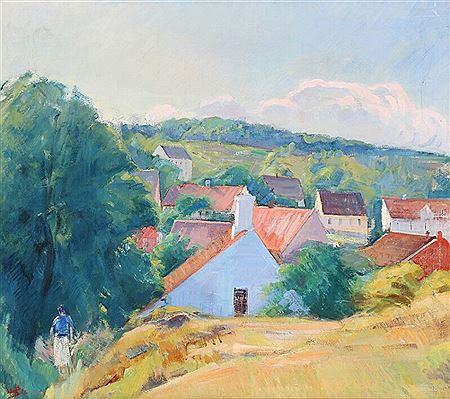 Summer day with houses and forest. by Paul Nyhuus - Auction record, sale price, and art valuation. Compare with similar artists and explore comparable artworks.