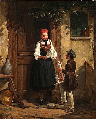 A young boy offering Bertel Thorvaldsen's figurine "Amor playing the lyre" to a young girl.