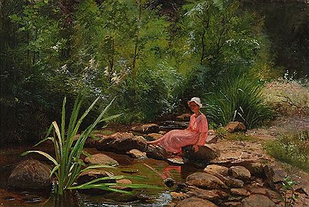 Summer scenery with a young woman seated by a stream.