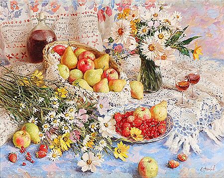Still-life with fruit, wine and flowers on a table.