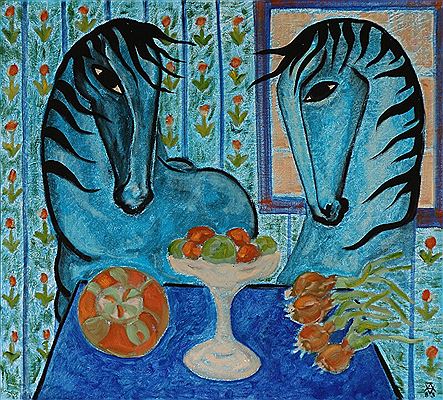 Sample artwork by Vibeke Alfelt (1934 - 1999), known for symbolic, abstract painting of horses and landscape - View similar artists and auction records