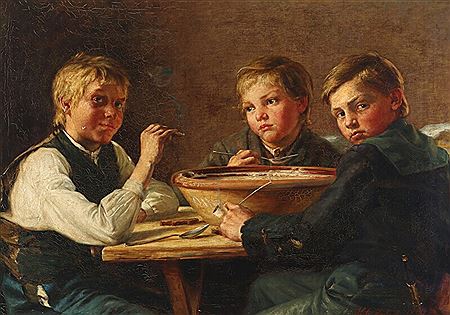 Interior with three boys