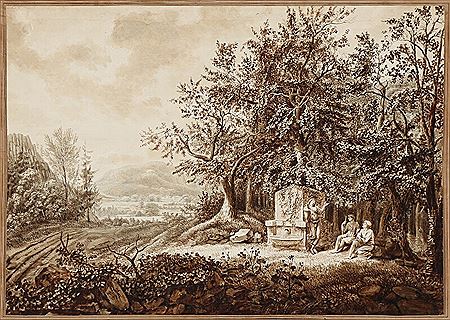 Shepherds resting by a fountain.