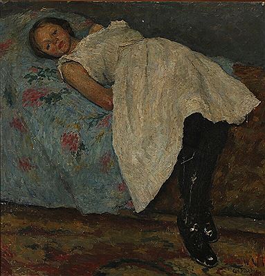 Composition with model on bed