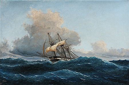 A barque in rough sea.