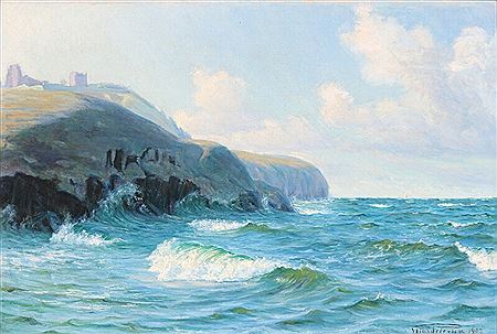Coastal scenery from Bornholm with Hammershus Castle ruins.