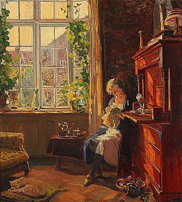 An interior with a woman doing her needlework