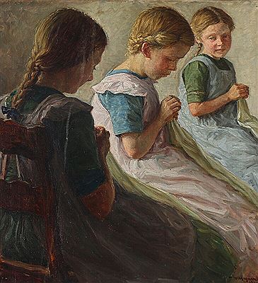 Three girls doing needlework. by Valdemar Magaard - Auction record, sale price, and art valuation. Compare with similar artists and explore comparable artworks.