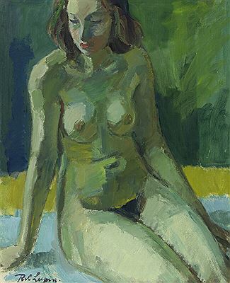 A seated naked woman.