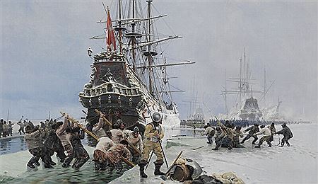 A channel is made for Peder Bredal's ships through the ice on Nyborg Fjord.