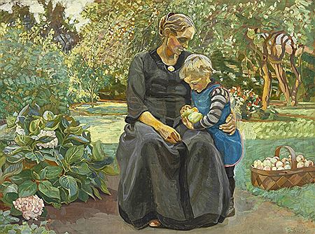 The artist's wife Anna gathering apples in the garden together with one of the children.