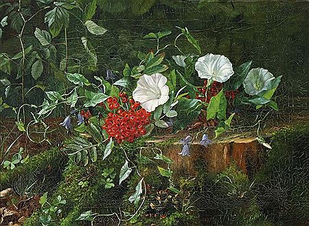 “Inde i Skoven. En Træstub, hvorpaa afskaarne Blomster”