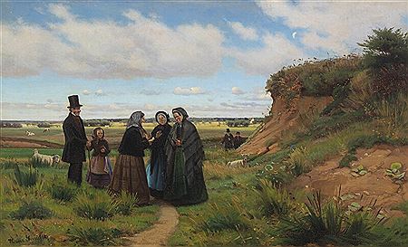 Farm people dressed in their sunday clothes returning home from church