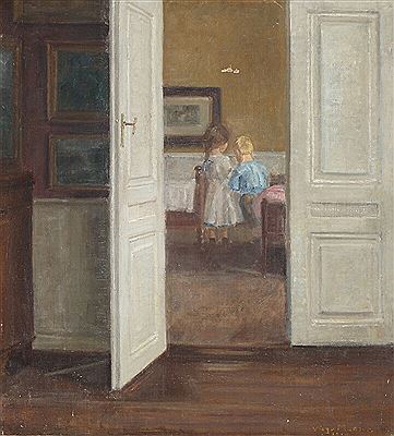Living room interior with two children playing