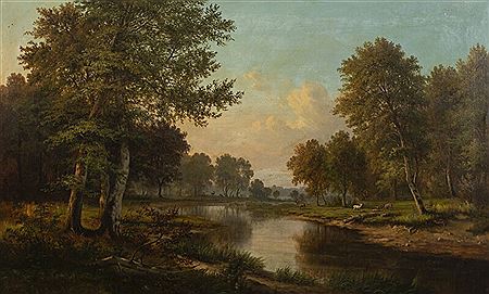 Landscape with deer at a forest lake.