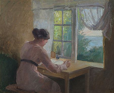 The artist's home with a girl sitting by a window, view to The Baltic Sea.