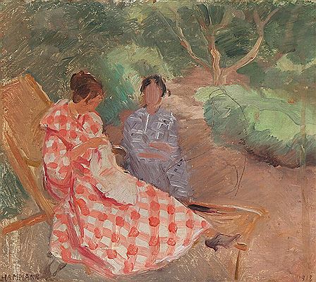 A gardenscene with two sitting women.