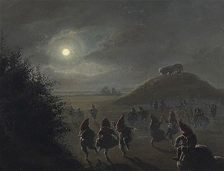 Gnomes dancing around a barrow at night.
