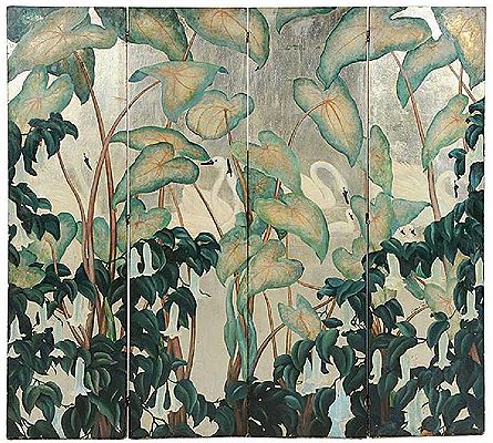 Swans and Trumpet Flowers; a four panel room screen by Agnes Gabrielle (McNulty) Tait - Auction record, sale price, and art valuation. Compare with similar artists and explore comparable artworks.