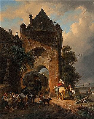 Animated river landscape with figures at covered wagon at city gate