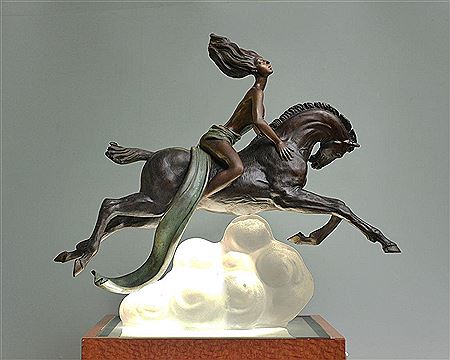 ''Bare Chested Female Riding on Horse''