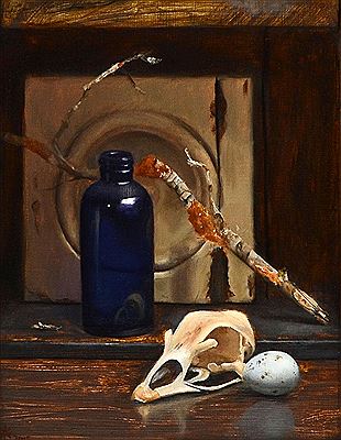 "Still Life with Bottle, Branch, Skull and Egg" by David Gluck - Auction record, sale price, and art valuation. Compare with similar artists and explore comparable artworks.