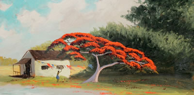 Florida Highwaymen Landscape Painting with Poinciana and 3 Black Figures by Alfred Hair - Auction record, sale price, and art valuation. Compare with similar artists and explore comparable artworks.