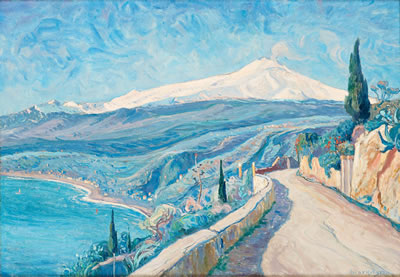 View towards Mount Etna - scene from Sicily by Oscar Hullgren - Auction record, sale price, and art valuation. Compare with similar artists and explore comparable artworks.