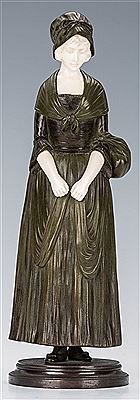 A young woman with bonnet and simple dress, holding a bundle in one arm