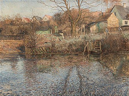 European water scene depicting a village by a river or lake with figures working near a dock
