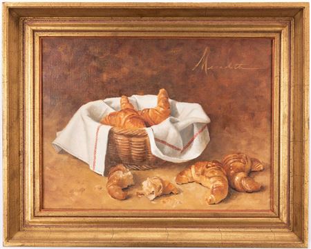 Still life with basket of croissants